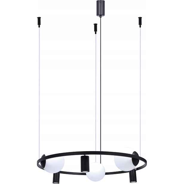 Černý lustr 3 skleněné bílé koule a 3 reflektory kulatý 78 cm Zuma Line