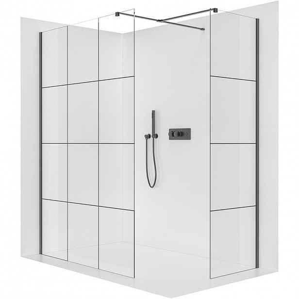Sprchová zástěna Walk-in Onyx T L/P - 8 mm - hranatá vzpěra - černá matná, industriální sklo - 110x110x200 cm