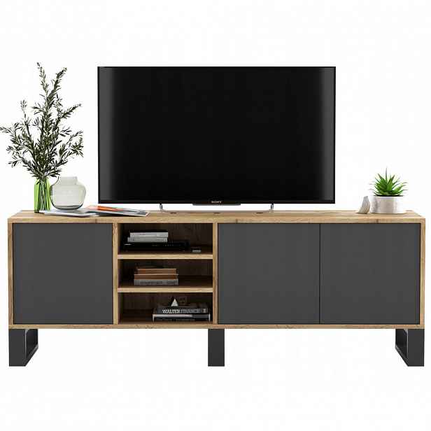 Meble Lindner TV stolek Apollo dub Wotan / grafit matný 150 cm s kovovými nohami