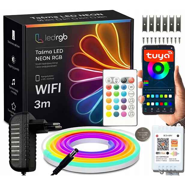 Set Led Pásek Neon 3M Rgb (1x3) Aplikace Wifi Tuya Dálkový Ovladač Napájecí Zdroj IP67