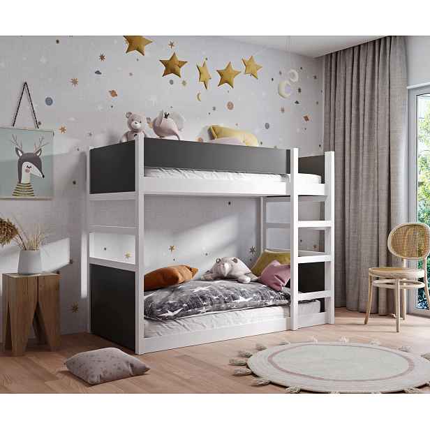 Dětská dvoupatrová postel 90x200 CALDORA - bílá / antracitová, pravé provedení