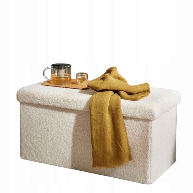 Skládací Lavička Z Tkaniny Bouclé Krémová S Úložným Prostorem 76 X 38 CM
