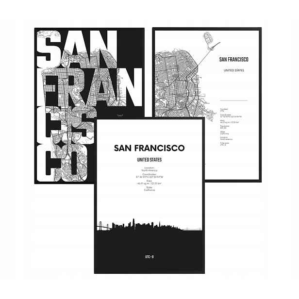 Sada plakátů San Francisco Mapa Panorama Černobílá pro obývací pokoj 61x91 cm