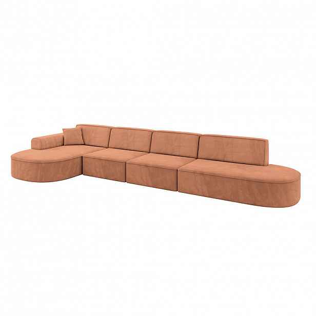 ALTDECOR ROHOVÁ SEDACÍ SOUPRAVA s otomanem vlevo MARI-L3 – 413 × 171 × 79 cm, oranžový velur