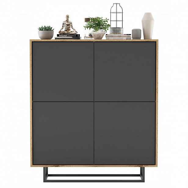 Meble Lindner KOMODA Apollo 4D dub Wotan / grafit matný 113 cm s kovovým rámem