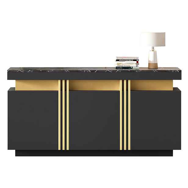 Modenvie SIDEBOARD 140/38/70 cm z dřevotřísky černá se zlatými detaily a mramorovým dekorem