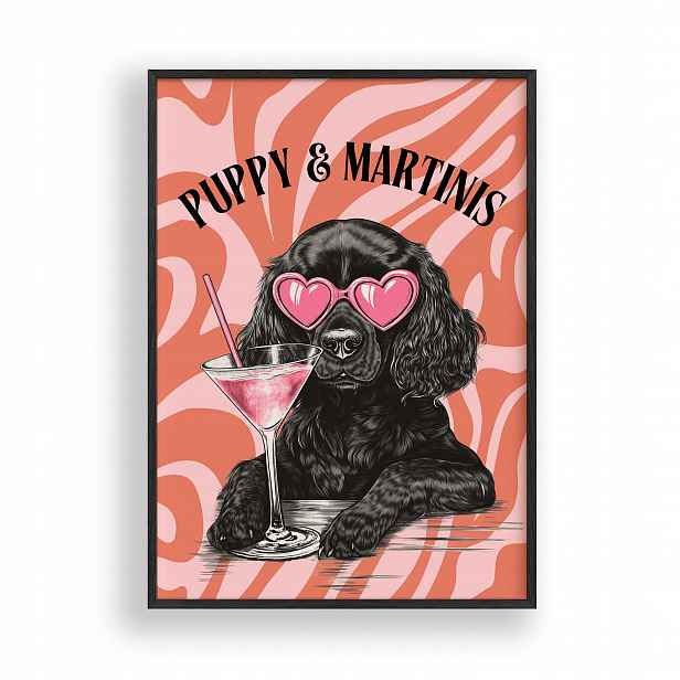 Obraz Pes s Martini Plakát Kuchyňský Rámeček Dřevěný Černý 30x42 cm