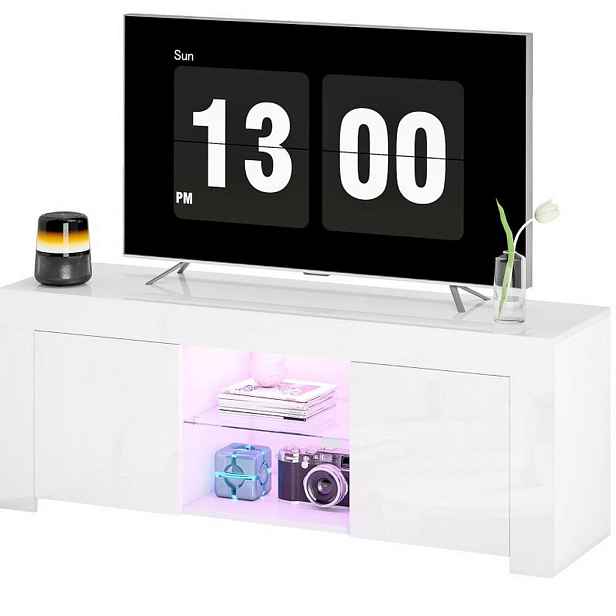 Redom TV stolek 120/34/45 cm s RGB LED osvětlením, skleněnou policí a kabelovými průchodkami, Bílá