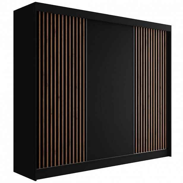 ALTDECOR ŠATNÍ SKŘÍŇ s lamelovými posuvnými dveřmi VILANv2 – 250 cm černá + lamely dub wotan