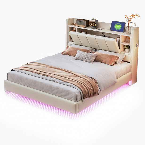 WISHDOR ČALOUNĚNÁ POSTEL 140/200 cm v Béžové Barvě z Lněné Látky s LED, USB a Úložnými Přihrádkami