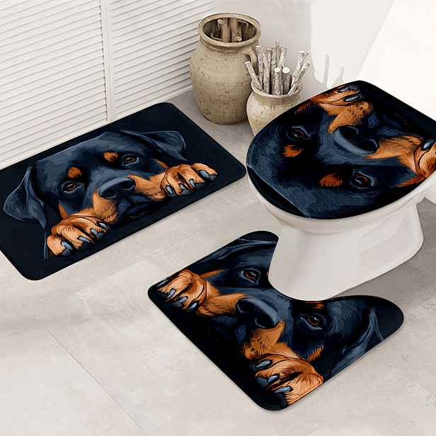 TEMU 3ks Set podlahových rohoží s designem psa Rottweiler - protiskluzné, vhodné do pračky, pletené polyesterové koupelnové rohože s konturovací