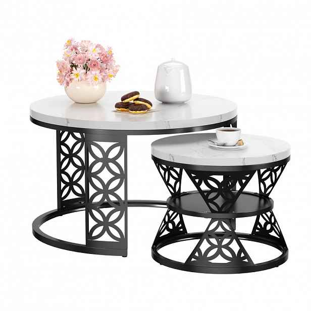 OKWISH MODERNÍ sada konferenčních stolků 70/70/45 cm + 45/45/37 cm s mramorovou dýhou