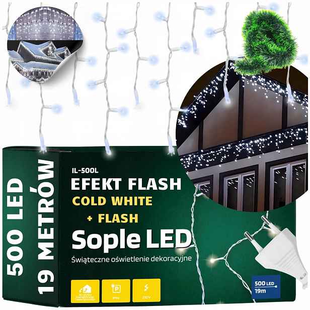 Světelný Závěs 500 Led Rampouchy Bílá Studená Venkovní Osvětlení +flash Osvětlení 19M