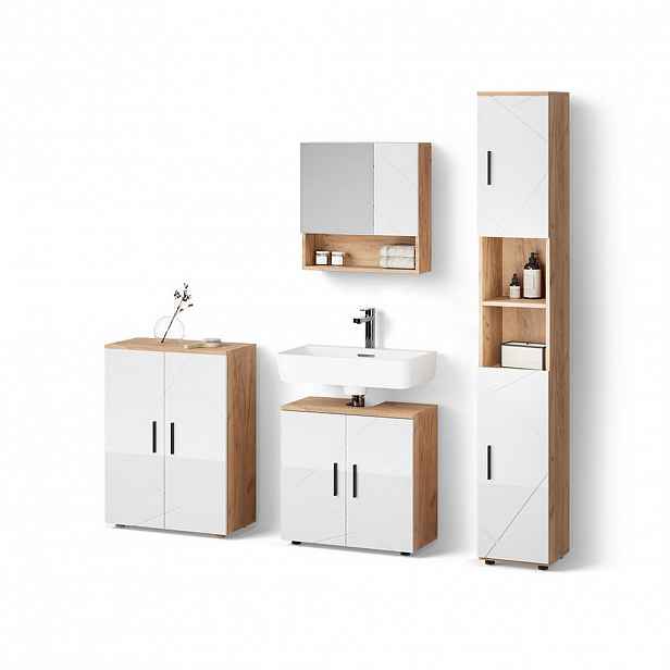 Livinity® KOUPELNOVÝ NÁBYTEK Ronco, Bílá vysoký lesk/Zlatý mocný dub, 4dílná