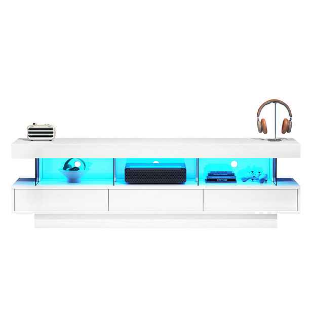 EVRYAE TV STOLEK TV stojan se skleněnými přihrádkami, LED osvětlením, Bluetooth, stabilní MDF vysoký lesk Bílá