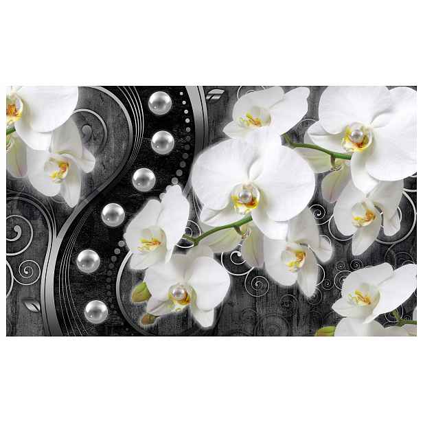 Fototapeta Bílé orchideje perly stříbro tmavé pozadí elegance 254x184 lepidlo