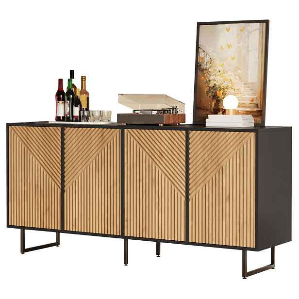 Redom KOMODA 160/40/75 cm se 4 dvířky, 8 úložnými prostory a kovovými nohami z dřevotřísky, Přírodní dřevo/Černá