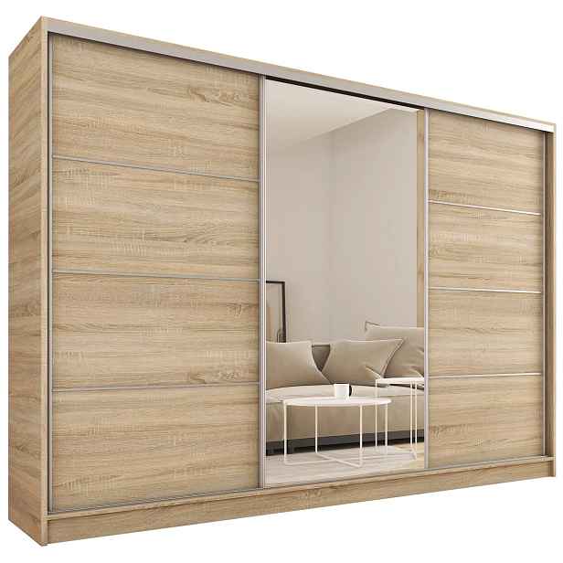 Šatní skříň LITOLARIS MAX 250 se zrcadlem, 4 šuplíky a 2 šatními tyčemi, výška 235 cm, dub sonoma