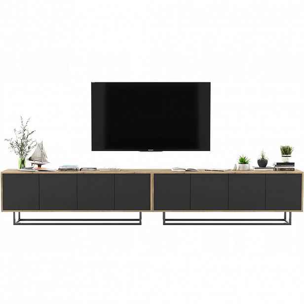Meble Lindner SADA 2 TV stolků Apollo2 dub Wotan / černá matná 300 cm s kovovým rámem