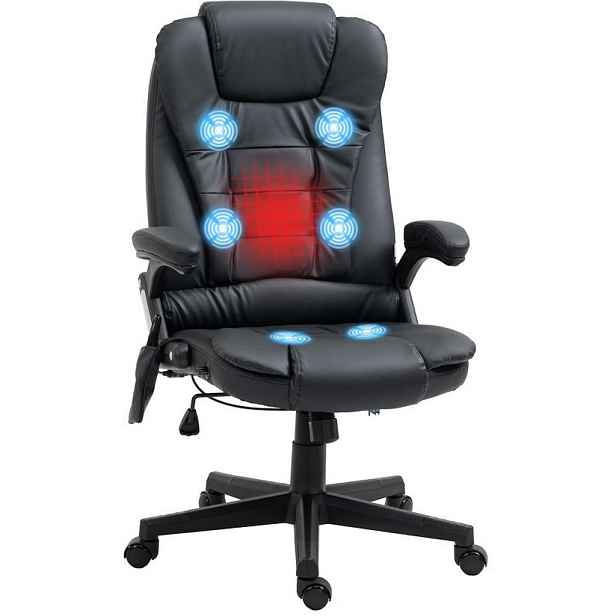 OKWISH KANCELÁŘSKÉ křeslo 54 cm černé z lisované kůže s masážní a vyhřívací funkcí