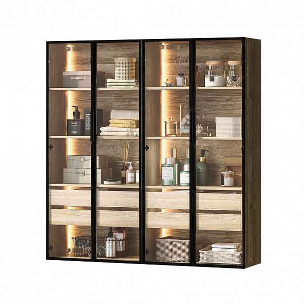 STILVORA KOUPELNOVÁ SKŘÍŇKA SET přírodní s LED lištou a zásuvkami do koupelny, 148×36×155 cm