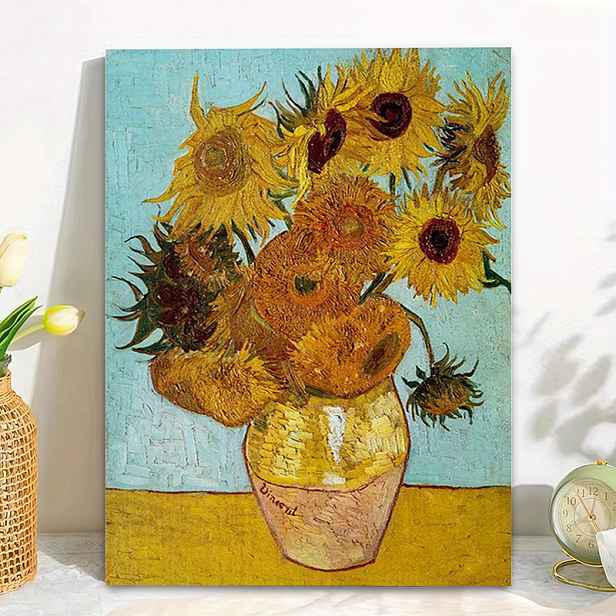 TEMU 2D Plochý, Dřevěný Rámovaný Obraz na Plátně 11,8x17,7 Palců s Klasickým Van Goghovým Obrazem Slunečnic, Kvetoucí ve Váze s Jasnými Barvami a