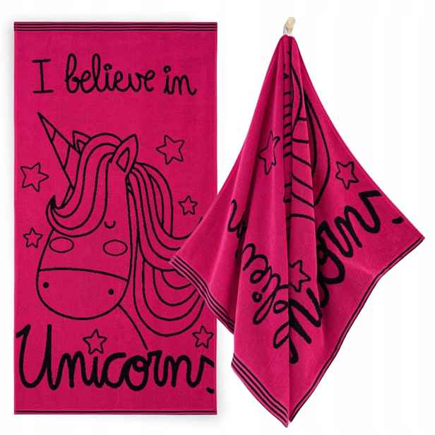 Zwoltex Unicorn bavlněný ručník s jednorožcem růžovo-černý 450 g 70x140