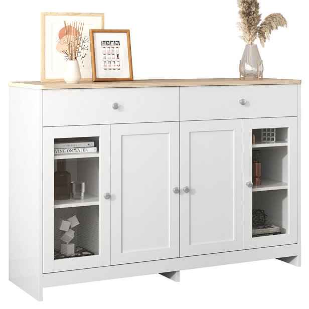 Modenvie SIDEBOARD z MDF, 120/37/80 cm bílý v dekoru dřeva se 4 dvířky a 2 zásuvkami