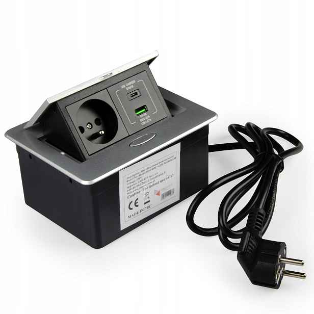 Nábytková zásuvka na desku schovaná do desky 1x230V 2x Usb Modulbox Stříbrná
