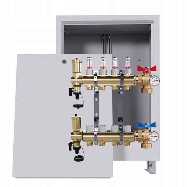 Rozdělovač Pro Podlahovou Krytinu, 4 Okruhy Kulový Ventil Teploměr A Krabička