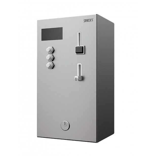 Sanela - Nástěnný mincovní automat pro 4-12 sprch, interaktivní ovládání, antivandal, matný nerez SLZA 02KN