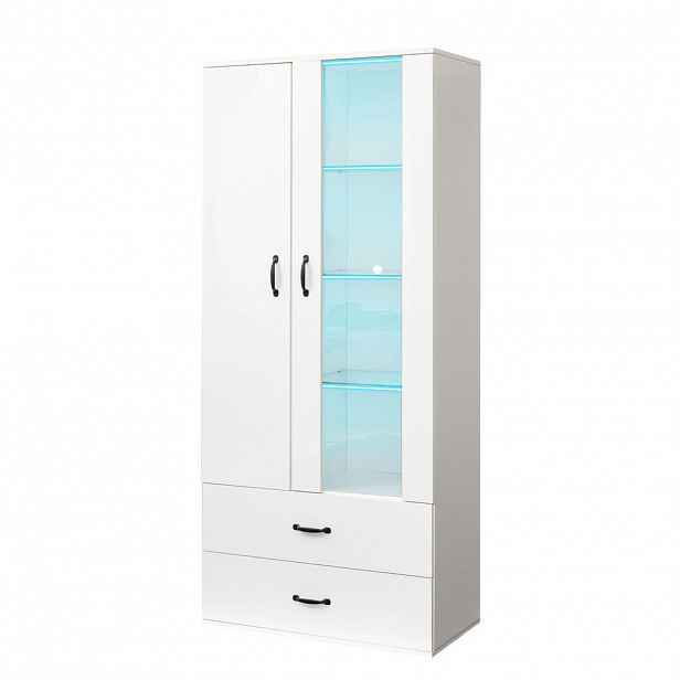 Modfu VITRÍNA z dřevotřísky 59,5x182x35 cm bílá s LED osvětlením, 2 dvířky a 2 zásuvkami