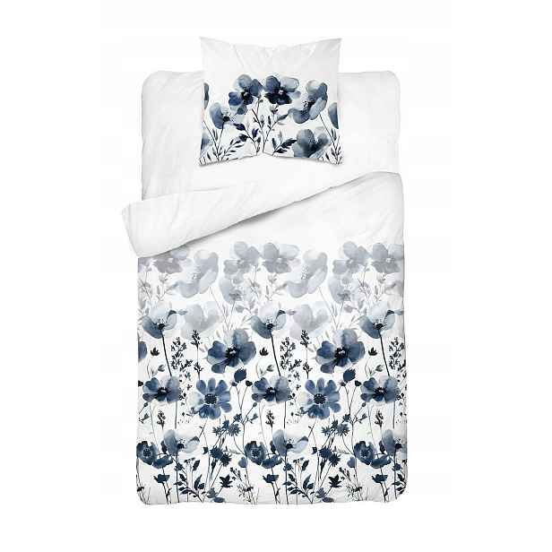 Povlečení Home Satin 140x200 bílé s akvarelovými modrými květy