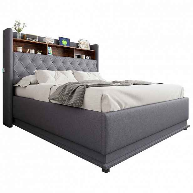 WISHDOR ČALOUNĚNÁ POSTEL 160x200 cm šedá s lněným vzhledem, úložným prostorem, LED osvětlením a USB portem