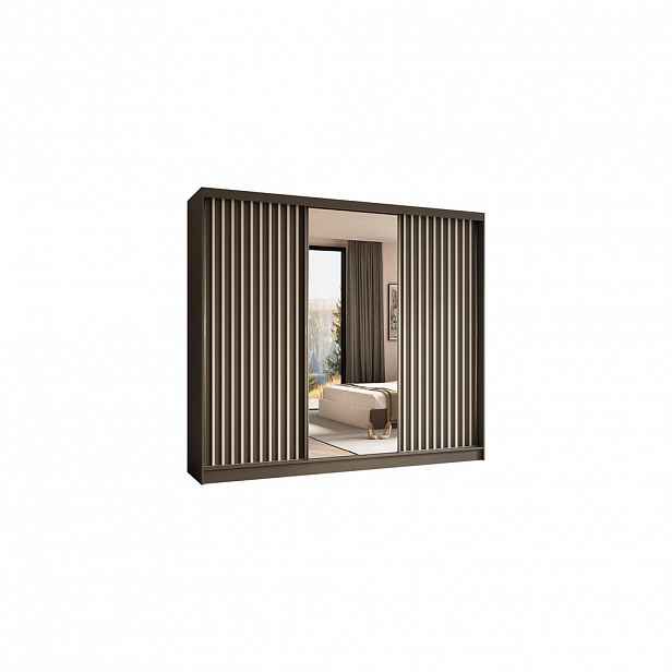 ALTDECOR ŠATNÍ SKŘÍŇ s zrcadlovými posuvnými dveřmi a hliníkovými lamelami, LED osvětlení – LAMELO – 240 cm šedá+šedá+bílá