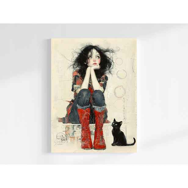Obraz Na Plátně Canvas Snílka Dívka Černá Kočka Retro Art 60x80
