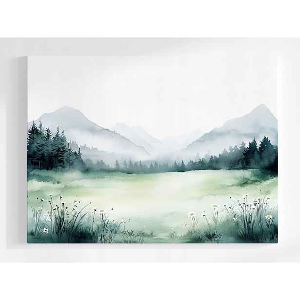 Plakát Akvarel Krajina Hory Louka Květiny Jaro Mlha 100x75