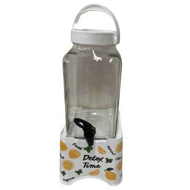 láhev 5,0l sklo s kohoutem, plast.stojan s nápisy DETOX TIME