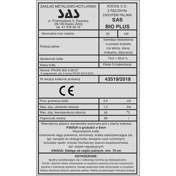 Samolepicí jmenovka na Kotel Kamna Sas Bio Plus 23 kW Gravírování
