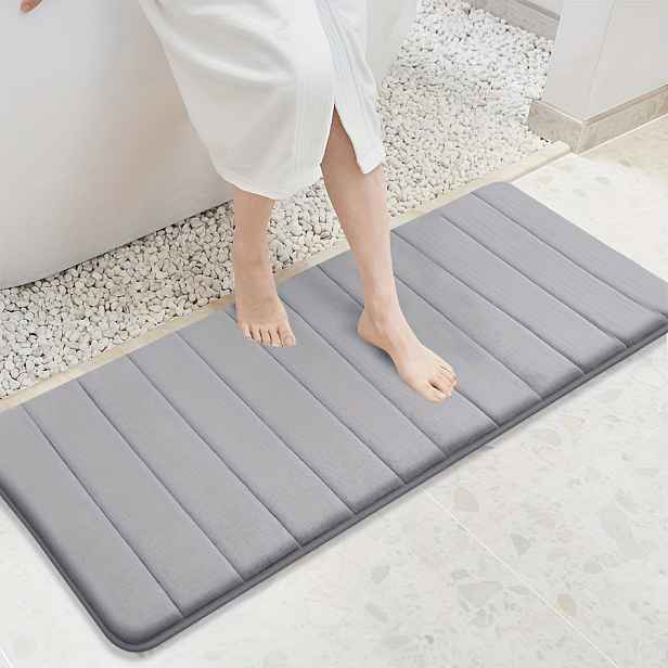 TEMU 1 ks Horizontální Pruhovaná Zesílená Houbičková Koupelnová Předložka, Pohodlná, Měkká Korálová Fleecová, Protiskluzová, Super Absorpční,