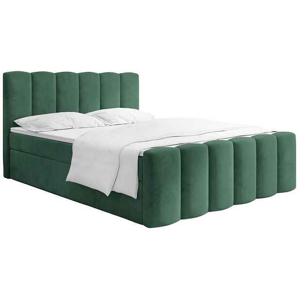 WFL GROUP BOXSPRING POSTEL Serenity s Úložným Prostorem – Tmavě zelený samet – 160x200 cm – Taštičková Matrace H4 a Pěnový Topper