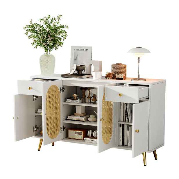 Modenvie SIDEBOARD 140/35/82 cm z dřevotřísky v přírodní a bílé barvě se 4 dvířky