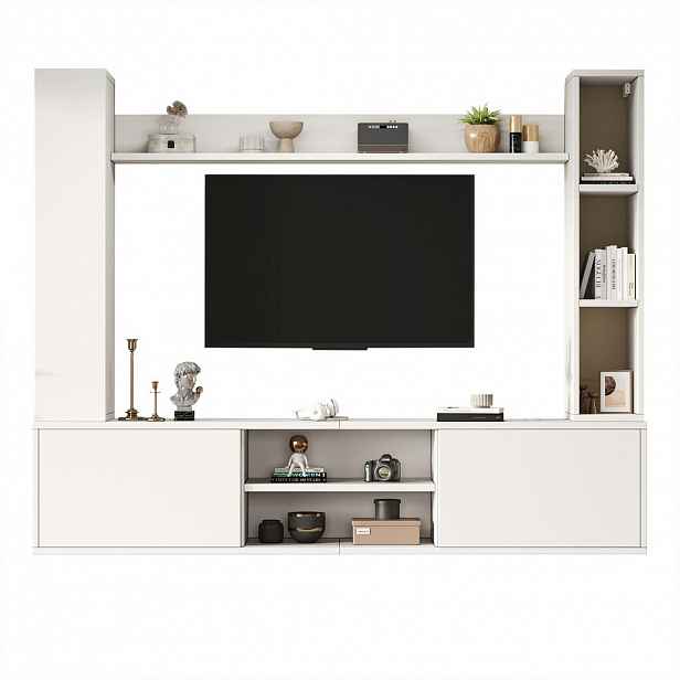 STILVORA OBÝVACÍ stěna Bílá s TV stolkem, stojací policí a 2 nástěnnými policemi, 180×35×33,5 cm