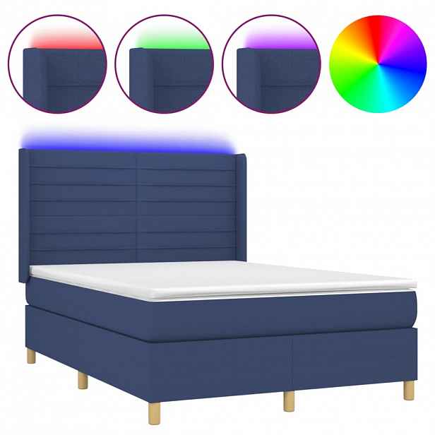 vidaXL Box spring postel s matrací a LED modrá 140x190 cm textil