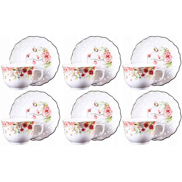 Sada porcelánových šálků 220 ml 6+6 s podšálkem Gabriele květiny