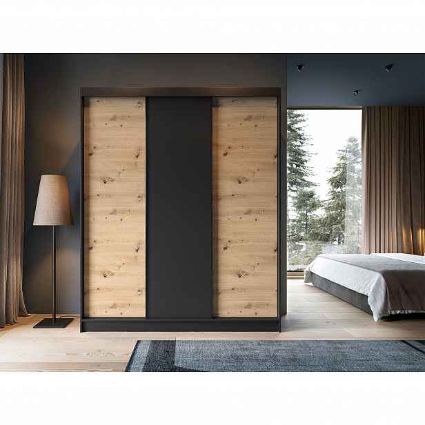 Šatní skříň Esville III Barva korpusu: Černá, Rozměry: 180 cm, Dveře: Dub artisan - bez zrcadla