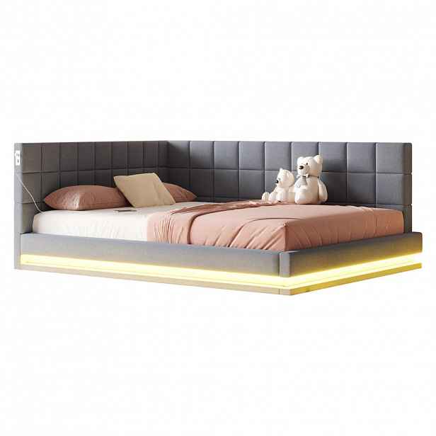 WISHDOR ČALOUNĚNÁ POSTEL 160x200 cm šedá s LED osvětlením a USB portem, lněný vzhled
