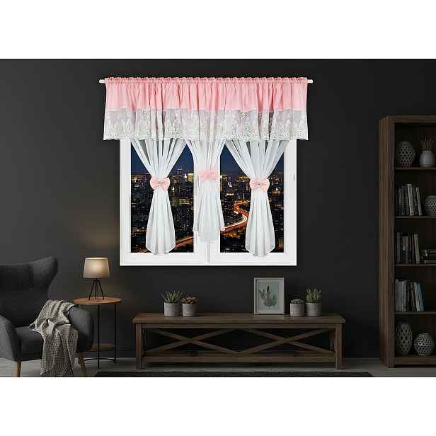 Dekorační krátká záclona s ozdobnou lambrekýnou s krajkou s řasící páskou FRANCIS bílá/růžová 400x150 cm MyBestHome