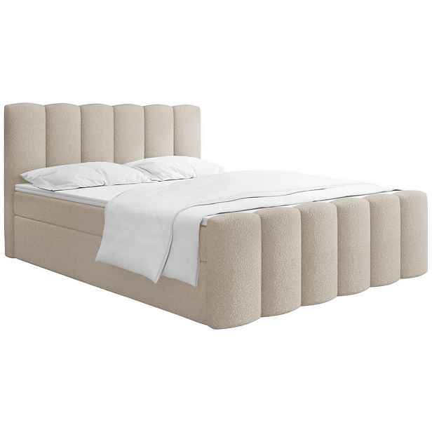 WFL GROUP BOXSPRING POSTEL Serenity s Úložným Prostorem pod Postelí – Béžová Bouclé – 140x200 cm – Taštičková Matrace H4 a Pěnový Topper