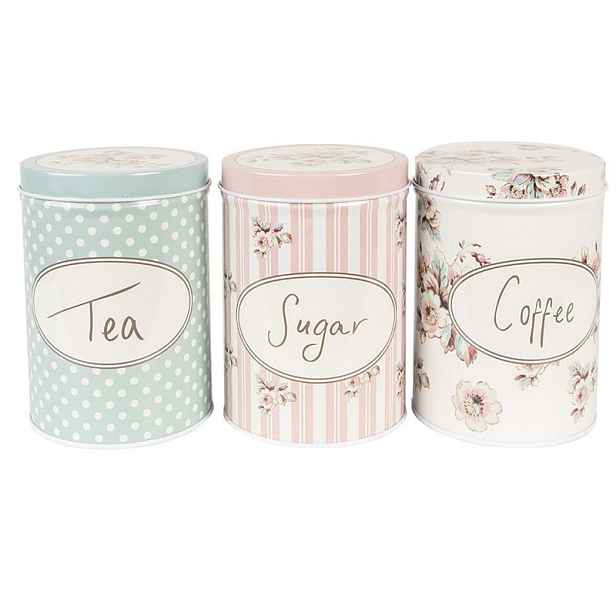 3ks plechová dóza s víkem a květy Tea Sugar Coffee - Ø 8*12 cm Clayre & Eef